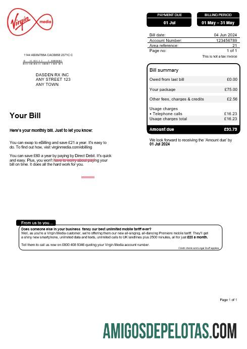 realista Projeto de lei de serviços públicos da Virgin Media do Reino Unido, modelo Word e PDF